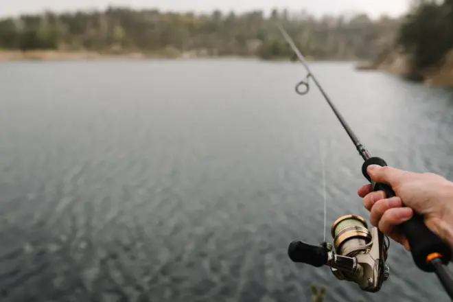 Fisherman hands with rod, spinning reel on pond or lake