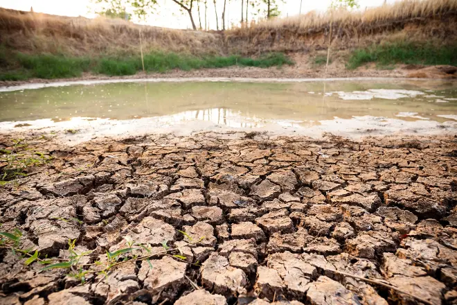 a leaking pond with dry mud in the foreground