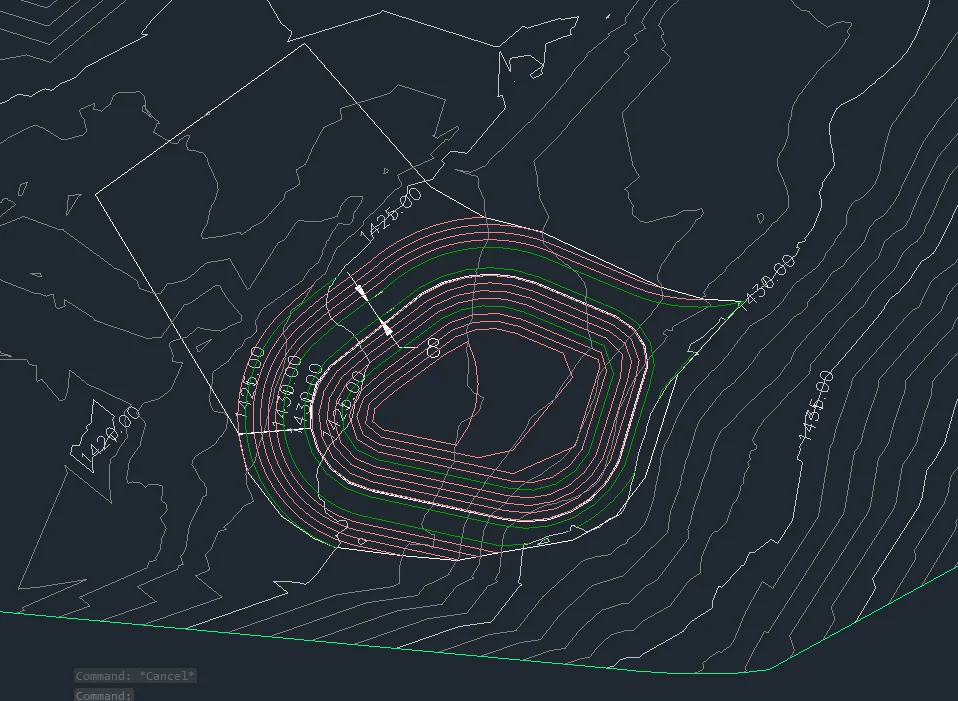 LiDAR imaging and AutoCAD contour mapping for a custom pond excavation project in Grain Valley, MO, highlighting elevation changes and precise grading plans.
