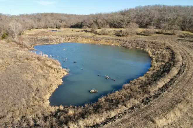 A large pond that is partially filled up