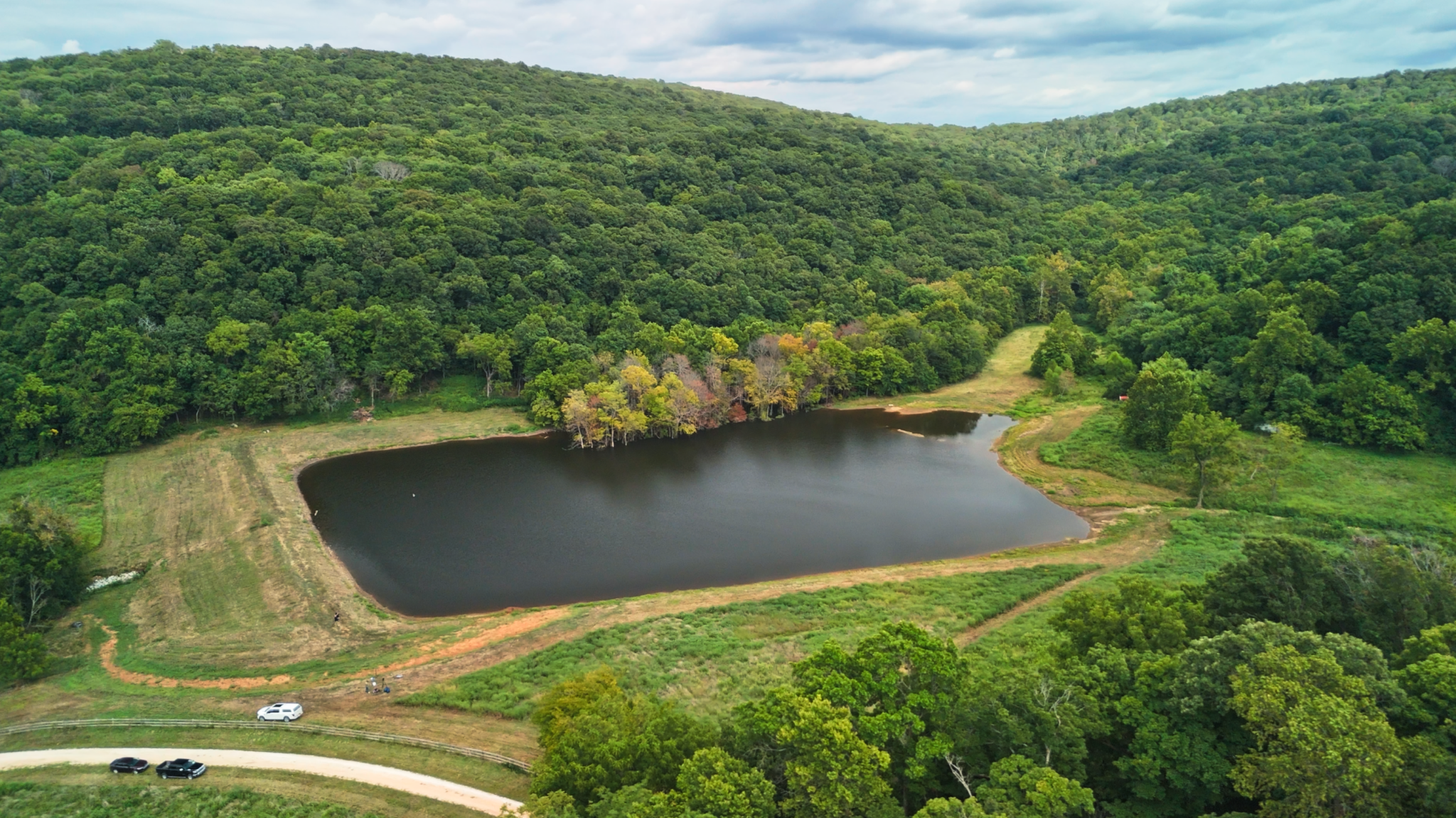 Aerial view of new trophy fishing lake construction designed and built by Bulletproof Pond and Lake