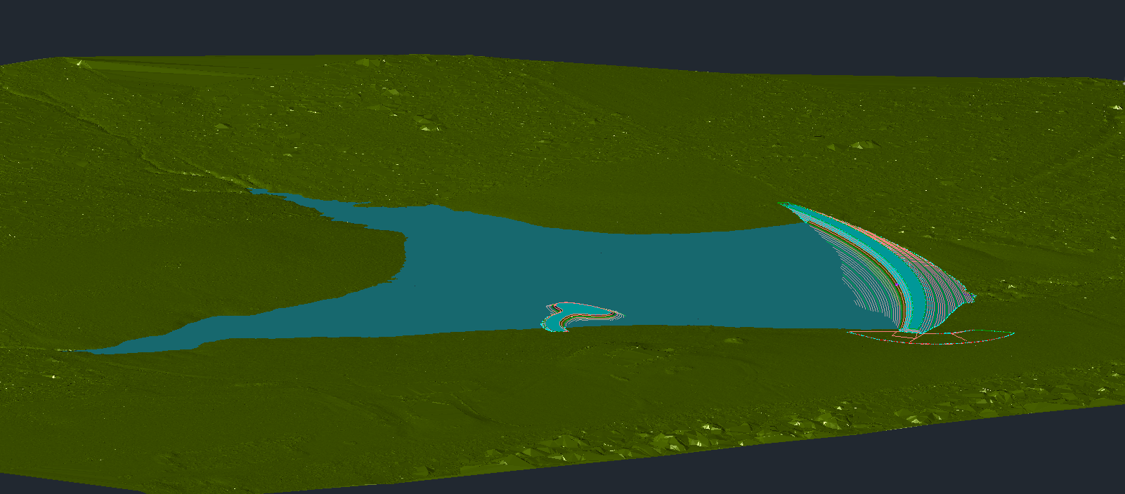 AutoCAD Civil 3D model of a nearly 12-acre lake expansion design with a peninsula and dam, created in-house by Bulletproof Pond & Lake for a project in Melvern, Kansas