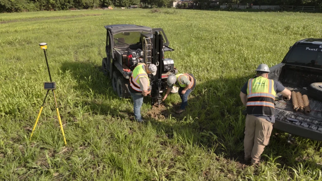 Bulletproof Pond and Lake crew pulling soil boring core samples with a drill rig for pond construction in Liberty, Missouri