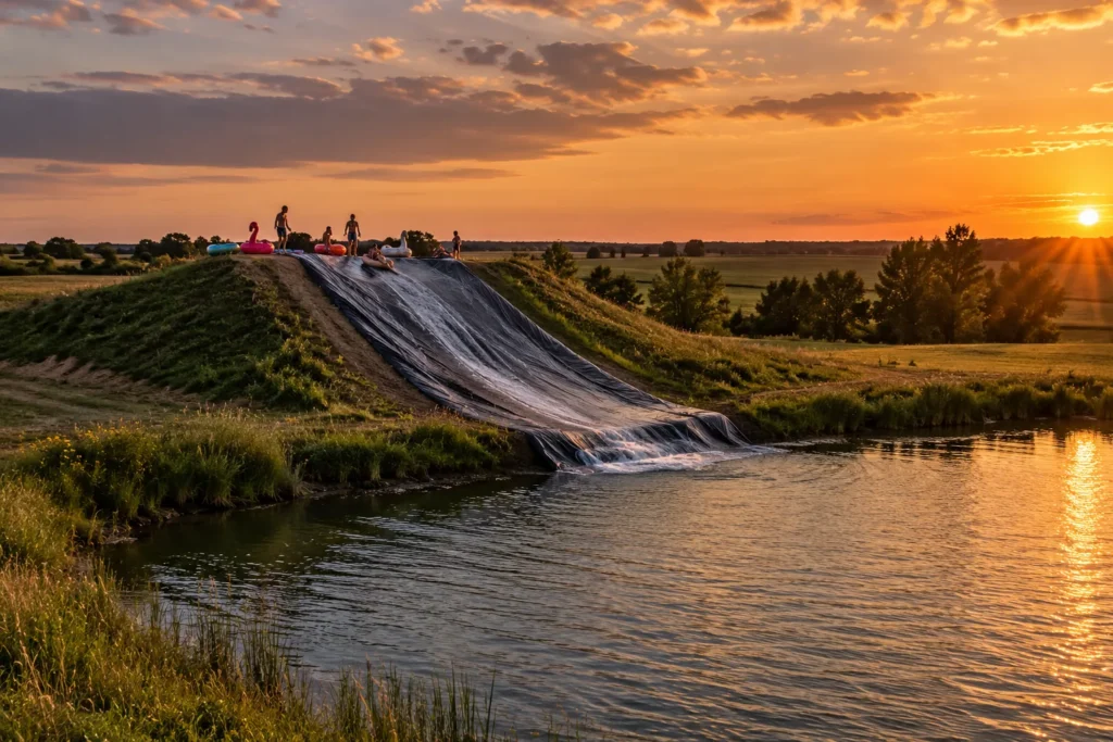 Design concept of a slip-and-slide water slide down a berm built from pond spoils, lined with heavy-duty synthetic liner and running into the pond at sunset, by Bulletproof Pond and Lake