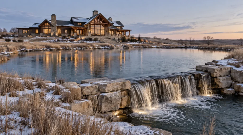 Design concept of a natural stone waterfall spilling from a large pond at an upscale waterfront property, an example rendering by Bulletproof Pond and Lake